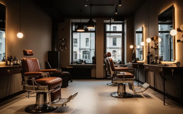 Barbershop med läderstolar och belysta speglar
