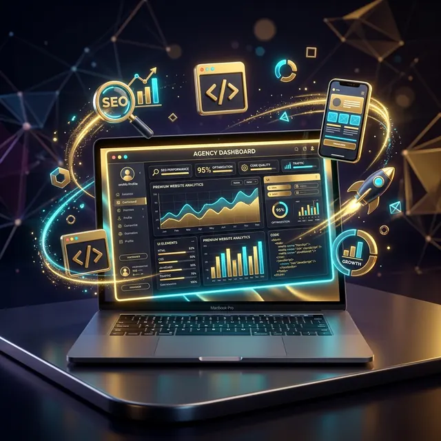 Illustration av en webbyrås instrumentpanel med SEO- och analysgrafik