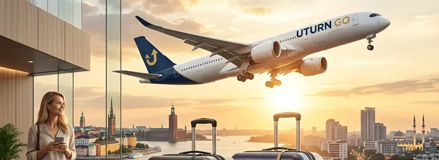 UTURN GO-flygplan över Stockholm vid solnedgång